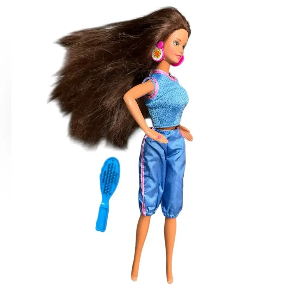 Barbie Doll with Blue and Pink Work out Outfit with Brush EUC